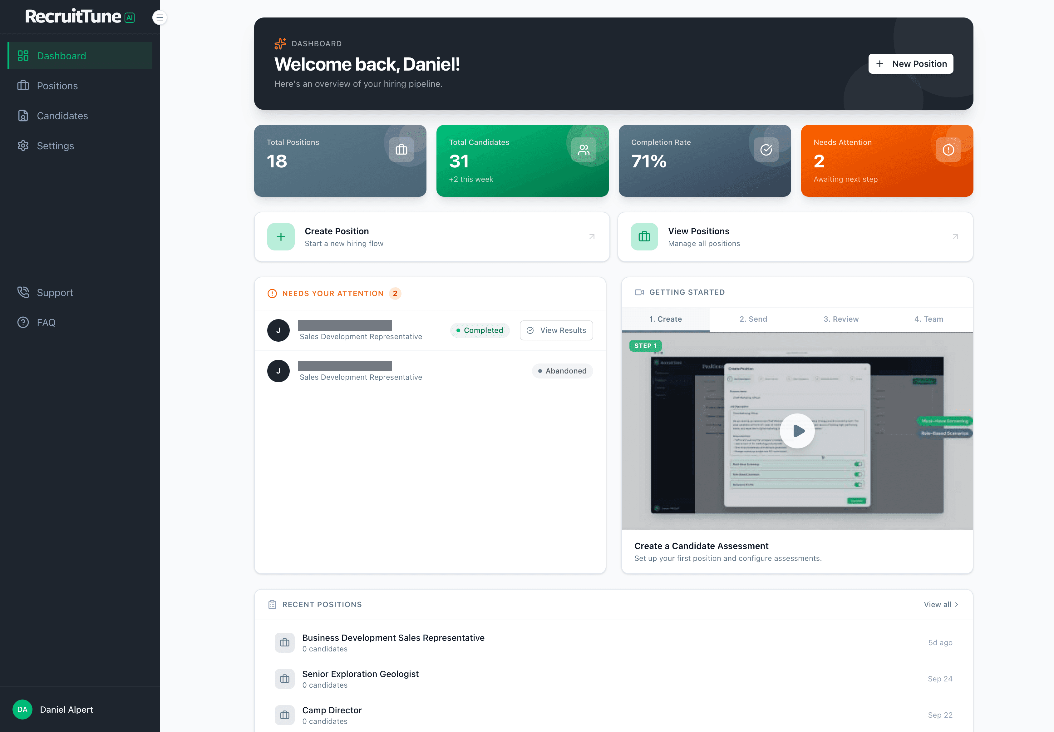 RecruitTune dashboard showing completion rate and completed or abandoned assessments; candidate names masked